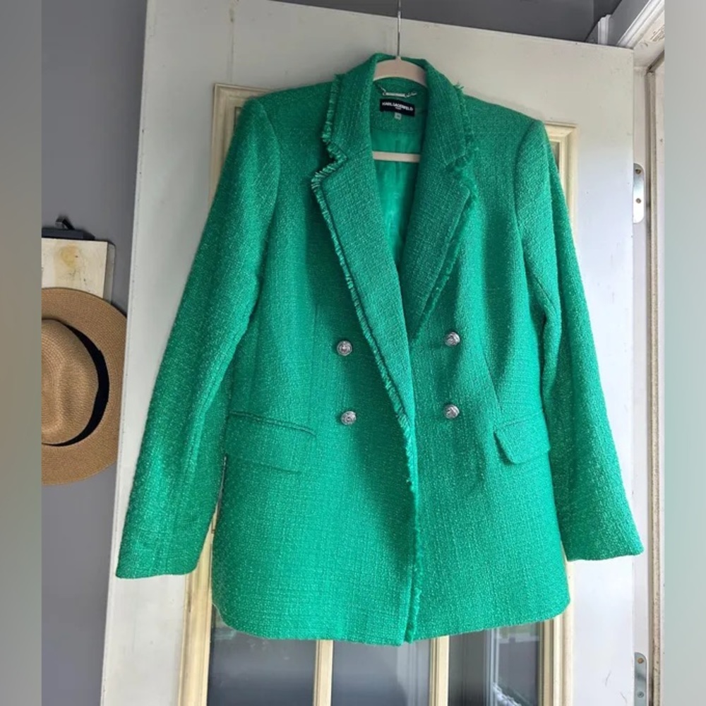 Karl Lagerfeld Double-Breasted Tweed Blazer | Green - Picture 2 of 3